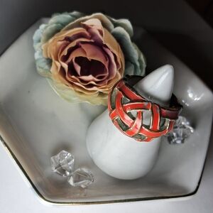 Bold Red Enamel Silvertone Interlaced Band Ring